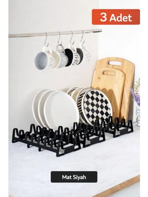 Mikasso Tabakpro 3 Adet 7 Bölmeli Tabak ve Kapak Düzenleyici, Dolap Içi Kurutmalık, Tabaklık Plastik Siyah