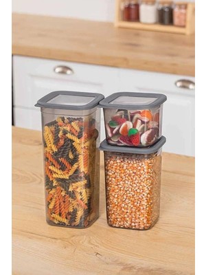 Mikasso Saklama Kabı Set - 1 x (650ML x 1300ML x 1900ML) Kare Saklama Kabı Seti 3 Adet Plastik Gri