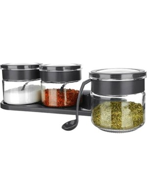 Mikasso 3'lü Standlı Antrasit Kaşıklı Baharat Seti Akrilik