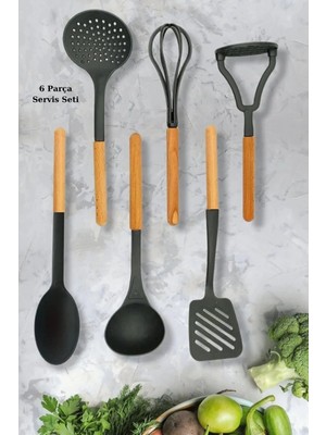 Mikasso Ahşap Saplı 6'lı Servis Seti Siyah Renk Plastik Plastik Siyah