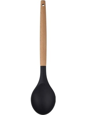 Mikasso Bambu Saplı Silikon Servis Kaşığı 32 cm Siyah Isıya Dayanıklı Kaşık Bambu Siyah