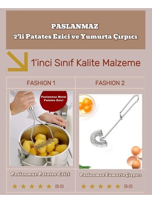 Mikasso Lüks Paslanmaz Metal Patates Ezici I Solingen Sos Yumurta Çırpıcısı I 2'li Kombin Set Metal Gri