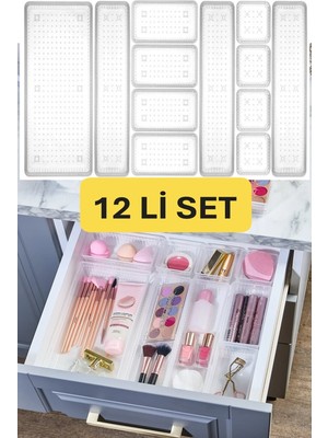 Mikasso Vialex 12'li Makyaj Organizeri Çekmece Içi Düzenleyici Set Şeffaf 4KÇK-40RT-3UZN-1BYK Plastik Beyaz