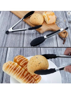 Mikasso Metal Gövdeli Ayarlanabilir Silikon Uçlu Servis Maşası Yanmaz Yapışmaz Kızartma Maşası (21 Cm) Bambu