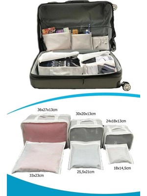 Mikasso 6'lı Set Bavul Içi Düzenleyici, Bavul Organizer, Valiz Düzenleyici Hurç - Gri Çizgili Pamuklu Gri