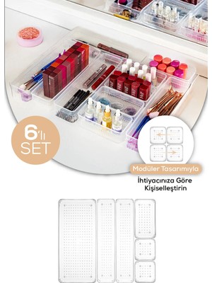 Mikasso 6'lı Çekmece Içi - Dolap Içi Banyo Makyaj Takı Düzenleyici Organizer Plastik 100 x 100 Beyaz
