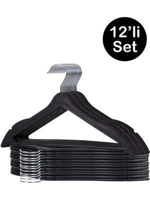 Mikasso - 12 Adet Ahşap Görünümlü Lux Siyah Askı ( Elbise - Pantolon - Etek Askısı) Plastik Siyah