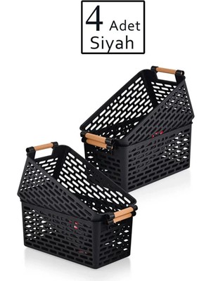Mikasso 4 Adet - Çok Amaçlı Plastik Tutacaklı Organizer Sepet Dolap Içi Çekmece Düzenleyici Siyah Plastik Si