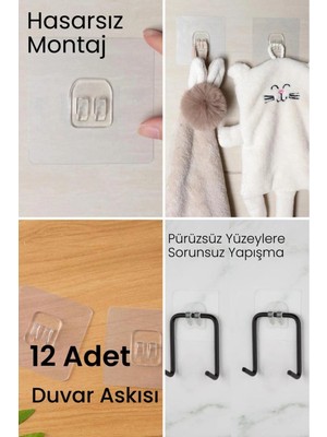 Mikasso 12 Adet Güçlü Çerçeve Askısı Yapışkanlı Raf Tutucu Banyo Askı Kanca Plastik Şeffaf Cn