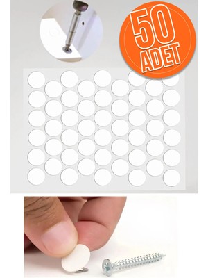 Mikasso Yapışkanlı Yapıştırma Vida Tapası Tıpası Beyaz Vida Kapatıcı Kapağı (50 Adet) Beyaz