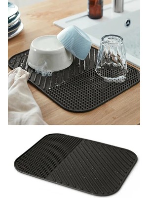Mikasso Siyah Silikon Bulaşık Kurutma Matı-Kaydırmaz Mutfak Tezgah Üstü Pratik Bulaşık Matı Silikon Siyah