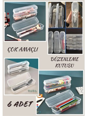 Mikasso 6 Adet Şeffaf Çatal Kaşık Bıçak Kırtasiye Kozmetik Çok Amaçlı Düzenleyici Kutu Kilitli Plastik 24 x