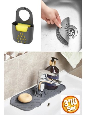 Mikasso Antrasit Gri Su Tutucu Musluk Matı + Lavabo Süzgeci + Askılı Bulaşık Süngeri Düzenleyici 3 Lü Set Si