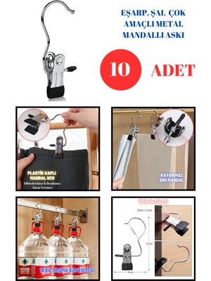 Mikasso Ev ve Işyeri Için 10 Adet Paslanmaz Metal Mandallı Eşarp Askısı Şal Askısı Çok Amaçlı Askı Metal Met