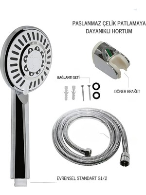 Mikasso Yüksek Basınçlı Duş Seti 150 cm Çelik Hortumlu Masajlı Filtreli Evrensel Banyo Seti Gri Plastik