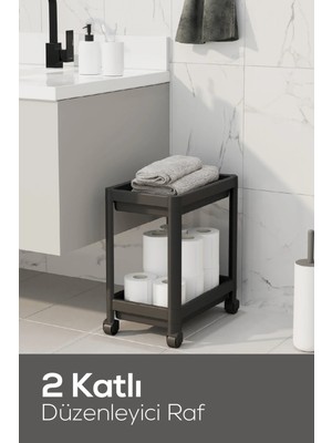 Mikasso 2 Katlı Tekerlekli Düzenleyici Raf - Banyo Dolabı Mutfak Tezgah ve Evye Altı Düzenleyici Antrasit Pl