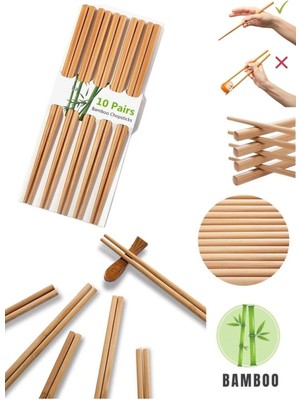 Mikasso 10 Çift - 20 Adet Yıkanabilir Organik Bambu Çin Yemek Çubuğu Chopsticks Ahşap Çok Renkli