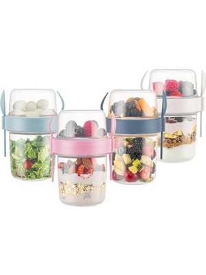 Mikasso 650 ml Takengo Kaşıklı Hazneli Meyveli Yoğurt ve Musli Kabı Pratik Taşınabilir Kapaklı Bardak Plasti