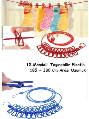 Mikasso 12 Mandallı Taşınabilir Elastik Çamaşır Ipi 185-380 cm Uzunluk Pratik Çamaşır Asma Ipi 2