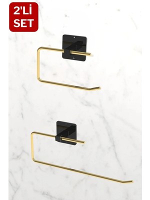 Mikasso Yapışkanlı Siyah-Gold Tuvalet Kağıdı Askısı ve Rulo Havluluk, Paslanmaz 2'li Set, Banyo Seti