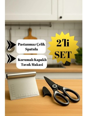 Mikasso Paslanmaz Çelik Mutfak Makası ve Paslanmaz Çelik Metrik Hamur Kesme Ispatulası Seti Paslanmaz Çelik