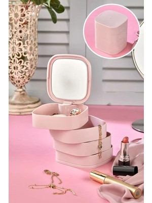 Mikasso Aynalı 4 Katlı Takı Organizeri 360 Derece Dönebilen Makyaj Organizeri Düzenleyici Kutu Plastik Pembe