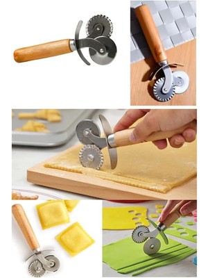 Mikasso Ev Kullanımı Için Ahşap Saplı Pizza Dilimleyici Çift Ağızlı Hamur Kesici Pizza Dilimleme Bıçağı Çeli