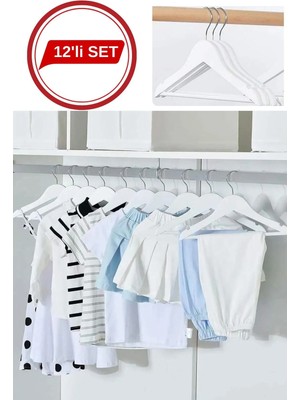 Mikasso 12'li Ahşap Görünümlü Çocuk Elbise Askı Bebek Askısı Kıyafet ve Elbise Askısı 12 Adet Plastik Bej