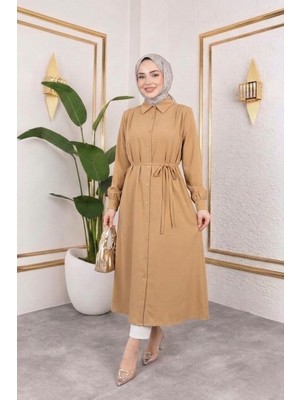 Foremia Arka Roba Omuz Pile Uzun Tunik-Karamel -