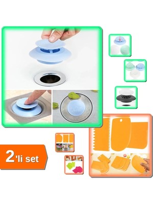 Mikasso Pasta Kek Hamur Şekillendirici Kazıyıcı + Lavabo Küvet Banyo Filtre 2li Set - V7L9DS Plastik Çok Ren