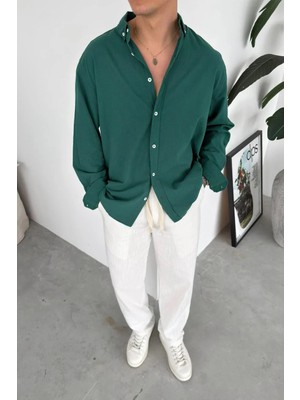 HAFKA Koyu Yeşil Oversize Fresh Keten Gömlek