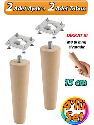 Mikasso Ahşap Ayak 15 cm 4'lü Set M8 Civatalı Bağlantı Aparatlı Dolap Mobilya Koltuk Kanepe Destek Ayağı Aya