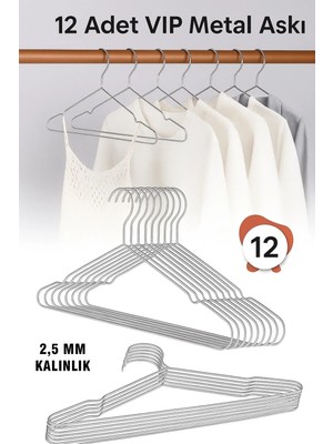 Mikasso Metal Elbise Kıyafet Askısı, 12 Adet ,giysi Askısı,pantolon Askısı Tel Askı Vıp Metal Gümüş Tr