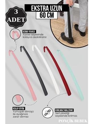Mikasso 3 Adet 60 cm Uzun Ayakkabı Çekeceği, Ayakkabı Çekeceği,yumuşak Ayakkabı Çekeceği Plastik Çok Renkli