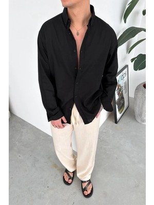 HAFKA Siyah Oversize Fresh Keten Gömlek
