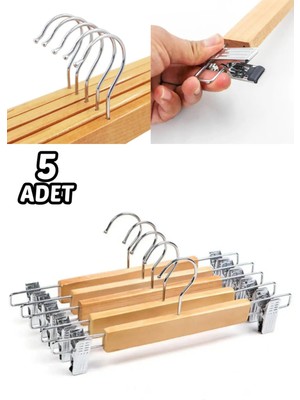 Mikasso 5 Adet Ahşap Askılık Mandallı Etek-Pantolon Askısı Elbise Askısı-Bebek Askılık - Ayarlanır Askılık A