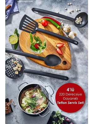 Mikasso Pratik 4'lü Yanmaz Yapışmaz Teflon Servis Seti 220 Derece Dayanıklı Kepçe Kevgir Spatula Kaşık Plast