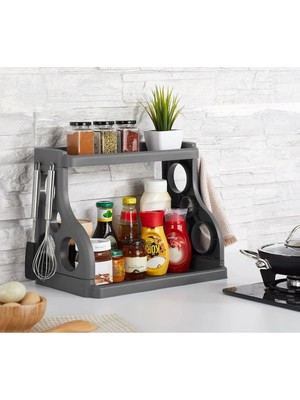 Mikasso Mutfak Tezgah Üstü Düzenleyici Çok Amaçlı Düzenleyici - 2 Katlı Tezgah Organizeri, Antrasit Plastik