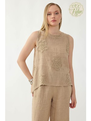 Vitrin %100 Keten Çiçek Motifli Sıfır Kol Bluz