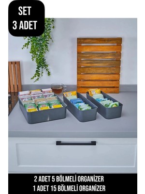 Mikasso Şık 3'lü Set Organizer | 2 Adet 5 Bölmeli,1 Adet 15 Bölmeli Saat,takı,çorap Çekmece Düzenleyici Plas
