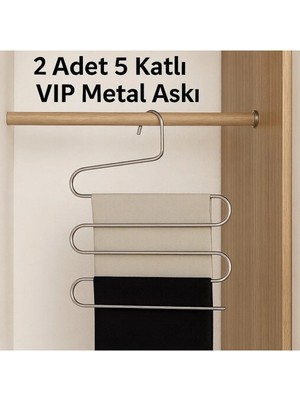 Mikasso 5 Bölmeli Metal Elbise Askısı 2 Adet Giysi Pantolon Eşarp Fular Kıyafet Askısı Vıp Metal Gümüş Tr