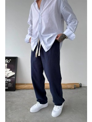 HAFKA Lacivert Baggy Keten Pantolon