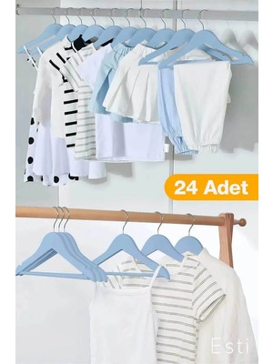 Mikasso 24 Adet - Ahşap Görünümlü Çocuk ve Bebek Elbise ,kıyafet Askısı Mavi Plastik Mavi Tr