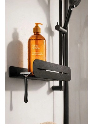 Form Design Paslanmaz Duş Rafı Metal – Yapışkanlı Banyo Rafı Şampuanlık Organizer – Kancalı – Mat Siyah / Beyaz