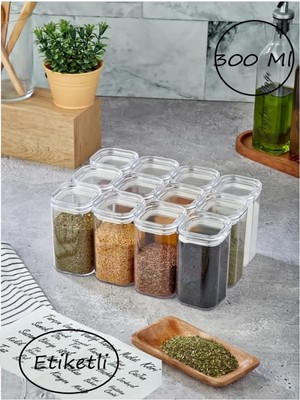 Mikasso 12'li 300ML Vakumlu Kapak Baharatlık Takımı - Sızdırmaz Conta - Etiket Hediyeli Akrilik Saklama Kabı