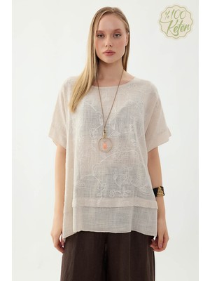 Vitrin %100 Keten Çiçekli Oversize Bluz