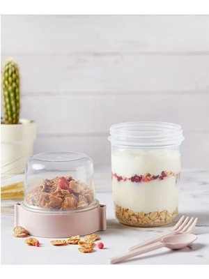 Mikasso Çift Hazneli - Çatal Kaşıklı Portatif Müsli -Atıştırmalık Kabı 1100 ml Plastik Pembe
