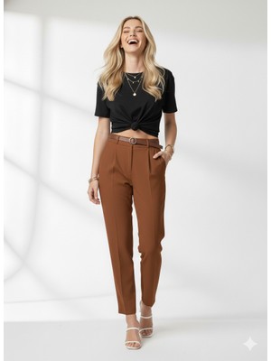 ribana Dar Paça Pileli Kemerli Mevsimlik Kumaş Kadın Pantolon