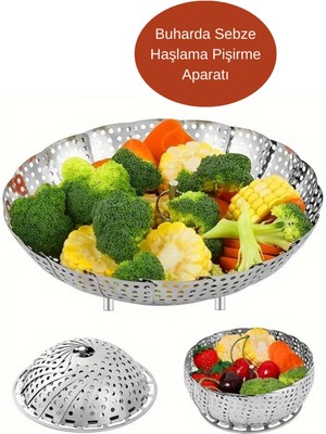 Mikasso Paslanmaz Çelik Buharda Sebze Haşlama Sepeti Aparatı Tencere Içi 24 cm Açılır Büyüyünce Çelik