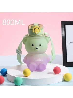 Mikasso Ayıcık Model Su Matarası Su Şişesi Suluk 800 ml Bpa Içermez(Yeşil-Mor) Yeşil Plastik